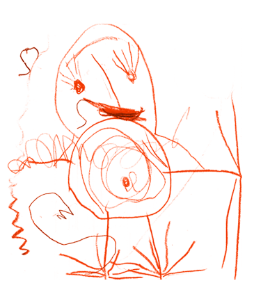 krakelige Kinderzeichnung eines kleinen Männchens in orange mit Fingern und Zehen in Form von langen Strichen