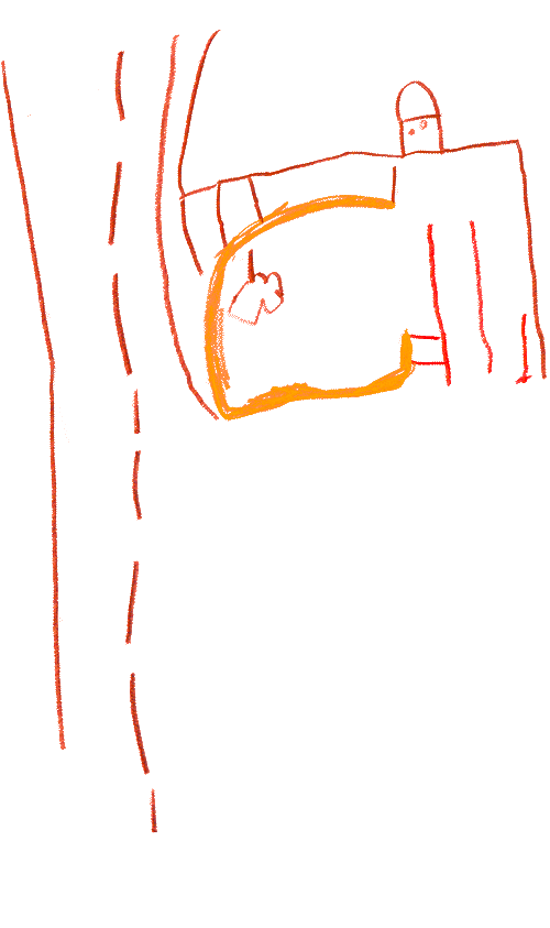 Eine Kinderzeichnung in orange und rot, die wie eine Strassenkarte die Umgebung des Kindergartens zeigt.