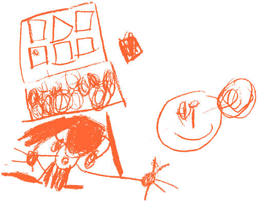 krakelige Kinderzeichnung zeigt ein Mädchen von hinten, das an einer Art Computer arbeitet. Alles ist mit orange gezeichnet.