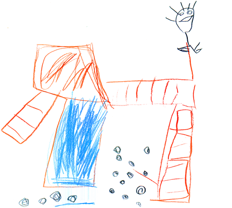 Strichzeichnung des Klettergerüstsin orange mit Wasserrutsche in blau und einem schwarzen lachenden Kopffüssler darauf