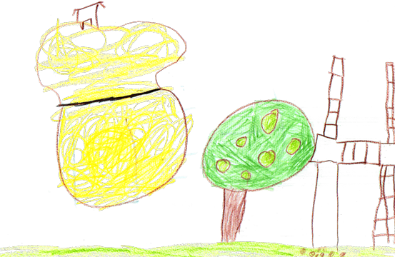 bunte Kinderzeichnung von Sandkasten mit Hütte, Obstbaum und hölzernes Klettergerüst